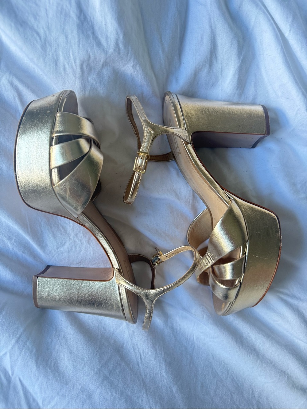 Schultz Gold Platform Sandals with Crisscross Straps Keefa Metallic Leather 9.5 - Picture 4 of 7